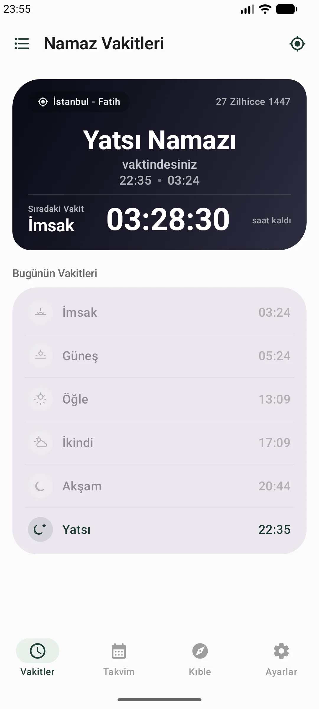 Namaz Vakitleri Telefon Uygulaması Ana Ekranı